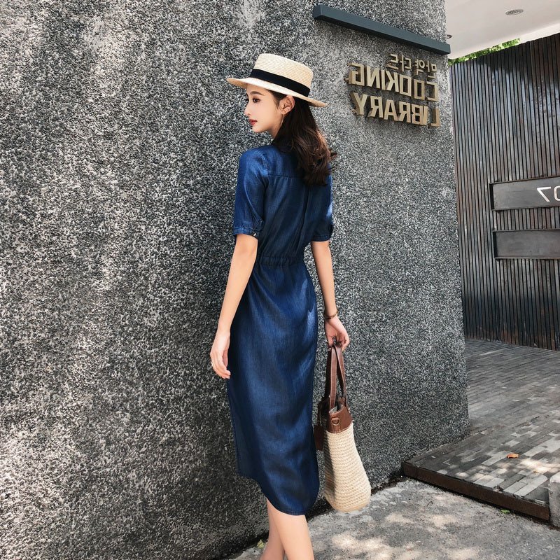 ĐẦM JEAN DENIM XÒE CỔ TRỤ PHỐI VIỀN